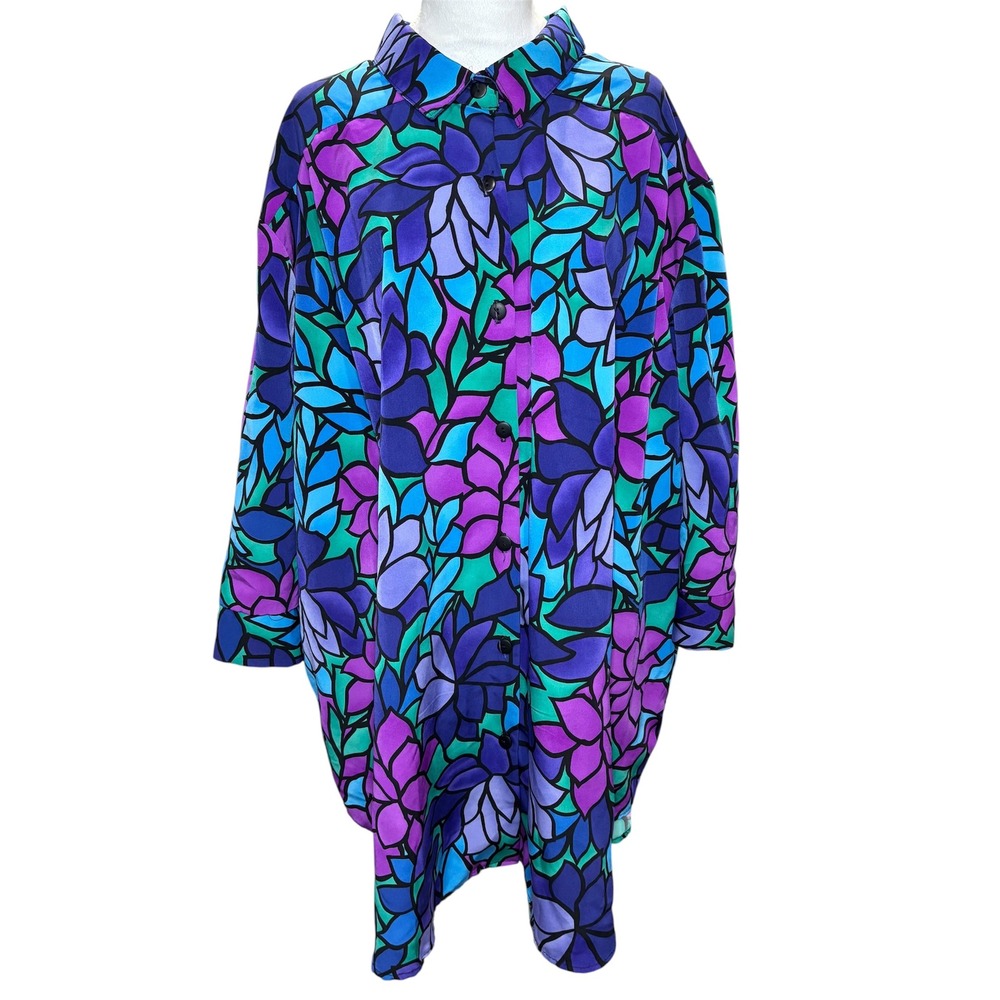A Personal Touch Vintage 5X Purple Teal Floral Tunic Shirt Shacket Stained Glass